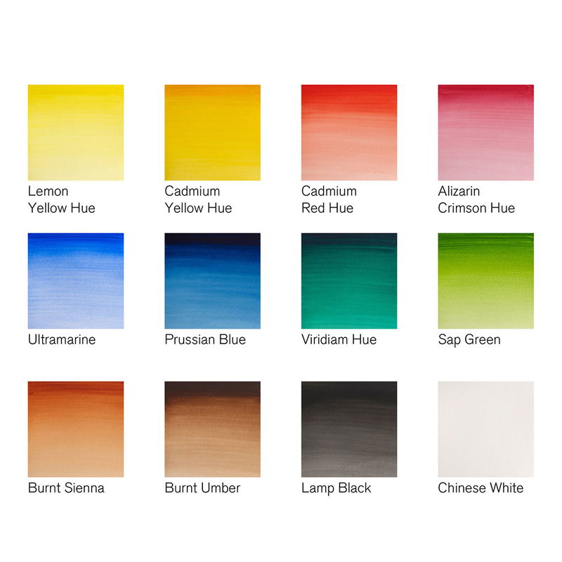 Färgkarta med de 12 kulörer som ingår i Cotman Watercolour 12x1-2 pan metal box