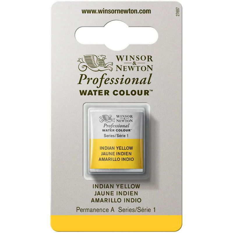Förpackning med Winsor & Newton Professional akvarellfärg Indian Yellow halvkopp