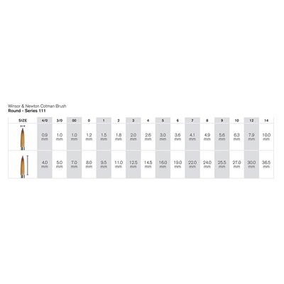 Storlekstabell för Winsor & Newton Cotman Serie 111 akvarellpenslar