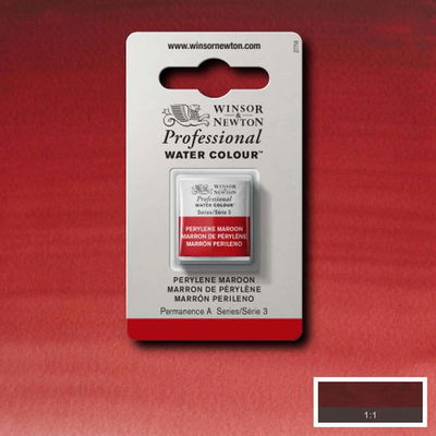 Winsor & Newton Professional Water Colour Perylene Maroon i halvkopp som visas mot målad bakgrund i samma färg.