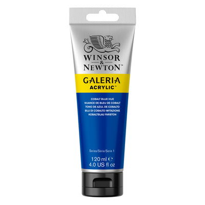 Winsor & Newton Galeria Akrylfärg, 120 ml tub mot färgad bakgrund. Cobalt Blue Hue