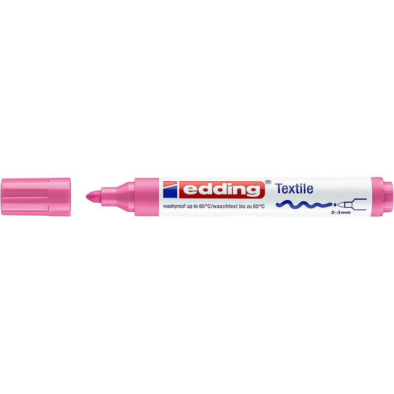 Textilmarker med 2-3 mm spets. Tvättbar i 60 grader. Färg: Rosa