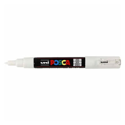 Posca PC-1MC White öppen med spets Posca PC-1MC White med vit spets synlig, öppen marker sedd från sidan