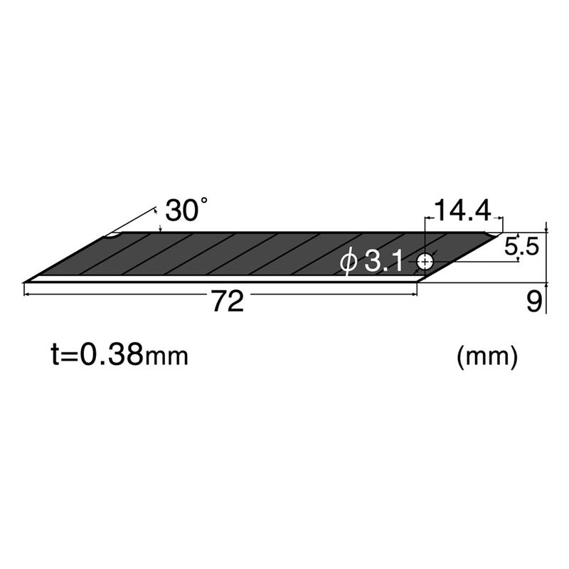 Teknisk ritning av brytblad NT-Cutter 9 mm med mått och 30° spets