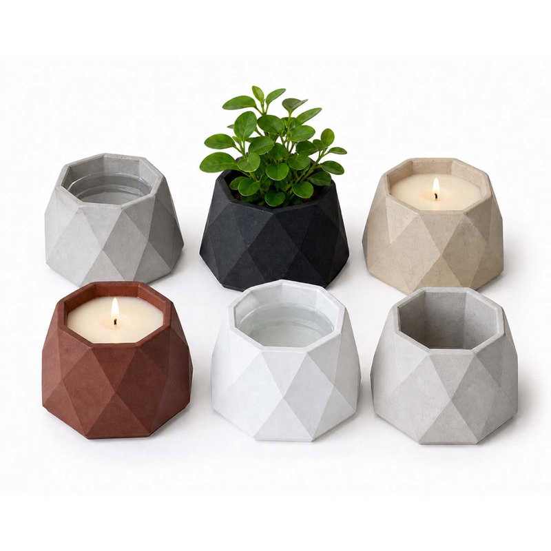 Hexagonformade krukor och ljushållare gjutna med formgips och Täta gips, i grått, svart, vitt, beige och rött