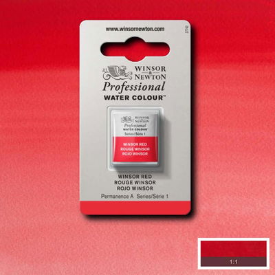 Winsor & Newton Professional Water Colour Winsor Red i halvkopp som visas mot målad bakgrund i samma färg.