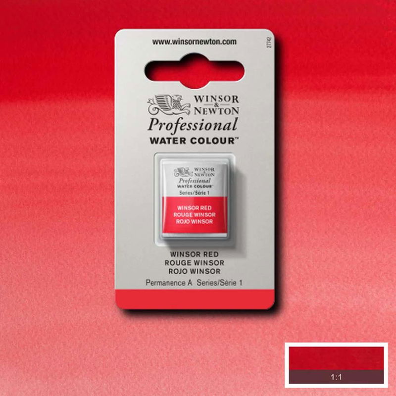 Winsor & Newton Professional Water Colour Winsor Red i halvkopp som visas mot målad bakgrund i samma färg.
