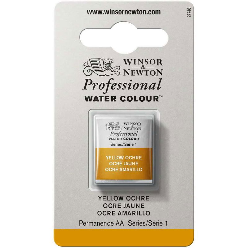 Förpackning med Winsor & Newton Professional akvarellfärg Yellow Ochre halvkopp