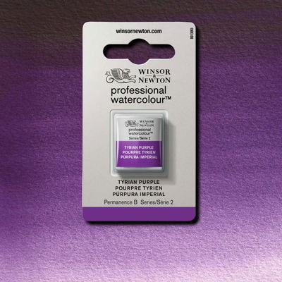 Winsor & Newton Professional Water Colour Tyrian Purple i halvkopp som visas mot målad bakgrund i samma färg.