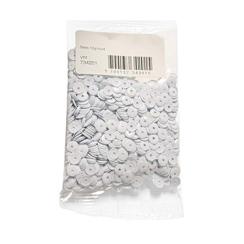 Påse med vita paljetter 5 mm 10 g för dekoration och pyssel