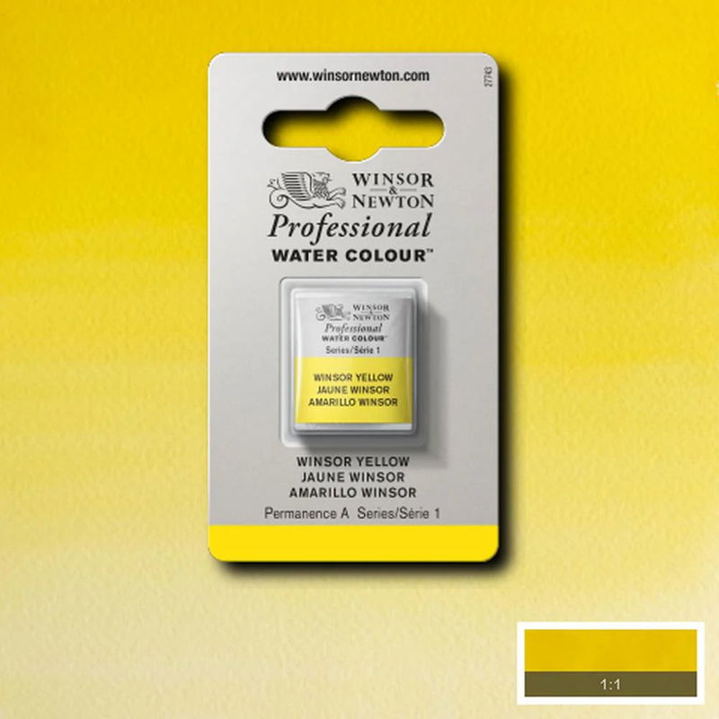 Winsor & Newton Professional Water Colour Winsor Yellow i halvkopp som visas mot målad bakgrund i samma färg.
