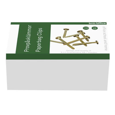Förpackning med 100 guldfärgade provpåsklämmor 25 mm Guldfärgade provpåsklämmor 25 mm för bubbelpåsar och papper, 100 st.