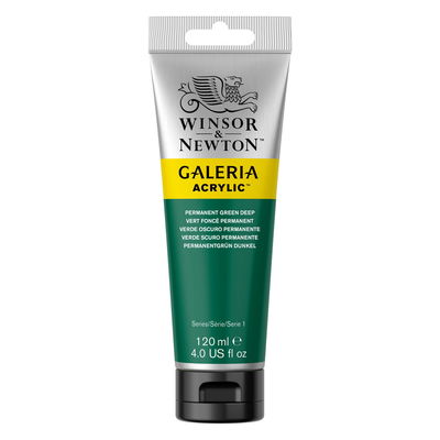 Winsor & Newton Galeria Akrylfärg, 120 ml tub mot färgad bakgrund. Permanent Green Deep