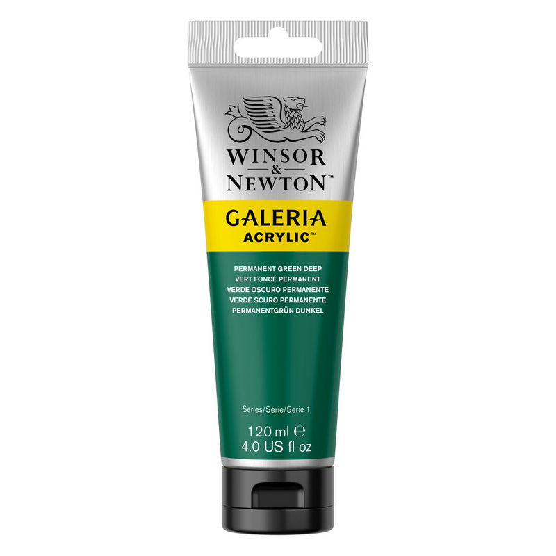 Winsor & Newton Galeria Akrylfärg, 120 ml tub mot färgad bakgrund. Permanent Green Deep