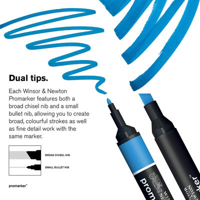 Winsor & Newton Promarker med bred mejselspets och smal bulletspets, exempel på breda och fina färgstreck