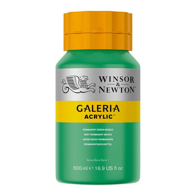 Winsor & Newton Galeria Akrylfärg, 500 ml flaska mot färgad bakgrund. Permanent Green Middle