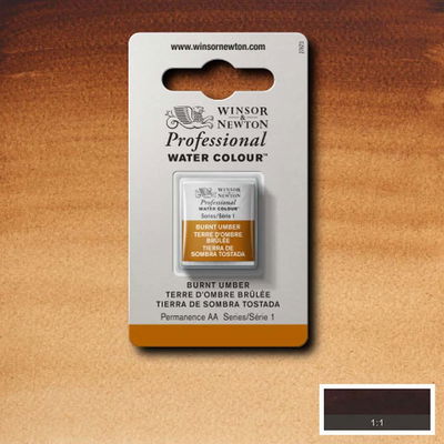 Winsor & Newton Professional Water Colour Burnt Umber i halvkopp som visas mot målad bakgrund i samma färg.