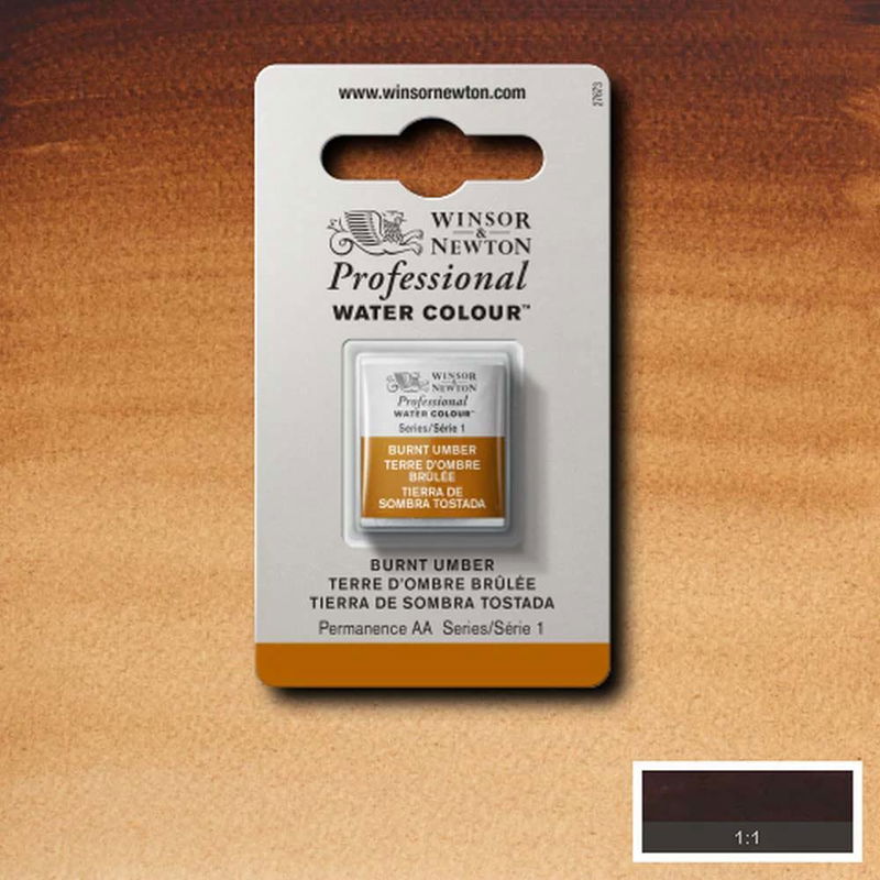Winsor & Newton Professional Water Colour Burnt Umber i halvkopp som visas mot målad bakgrund i samma färg.