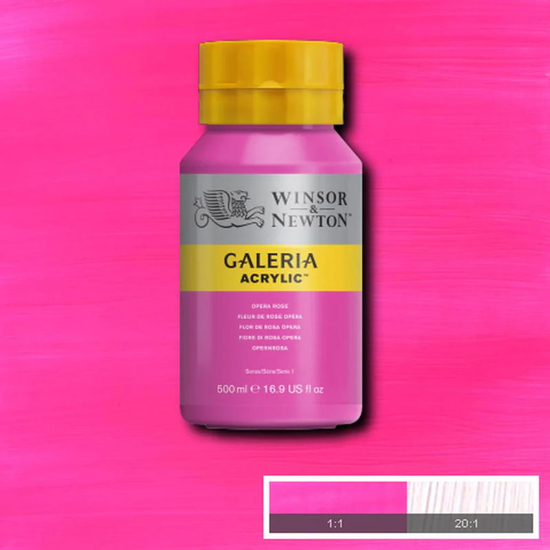 Winsor & Newton Galeria Akrylfärg, 500 ml flaska mot färgad bakgrund. Opera Rose