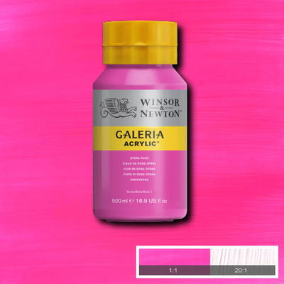W&N Galeria Opera Rose Winsor & Newton Galeria Akrylfärg, 500 ml flaska mot färgad bakgrund. Opera Rose