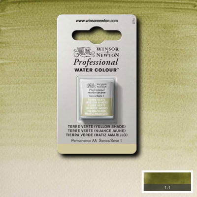 Winsor & Newton Professional Water Colour Terre Verte (Yellow Shade) i halvkopp som visas mot målad bakgrund i samma färg.