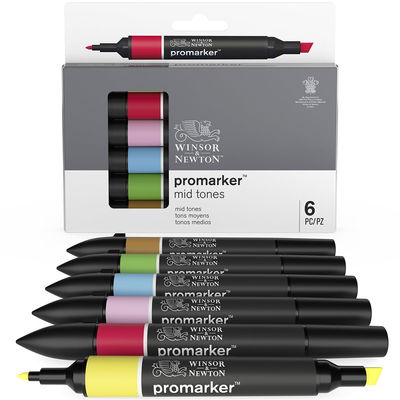 Winsor & Newton Promarker Mid Tones 6-pack med pennor och förpackning