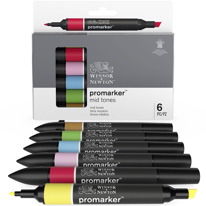 Winsor & Newton Promarker Mid Tones 6-pack med pennor och förpackning
