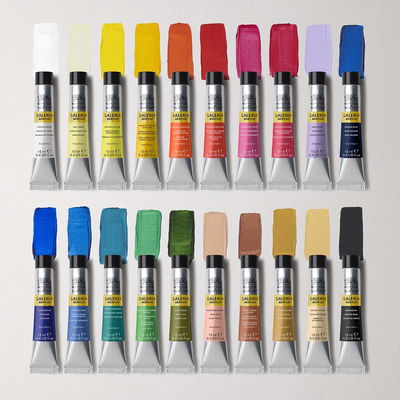 Winsor & Newton Galeria Acrylic 20x12 ml tuber utlagda med färgprov framför