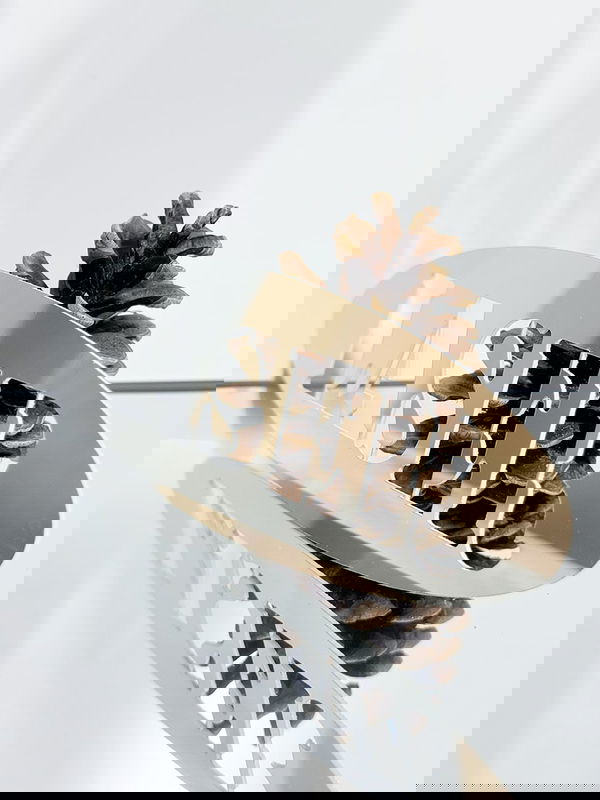 Laserskära spegelsplast HIPS, på bilden en utskuren text och en kotte som reflekteras i plasten