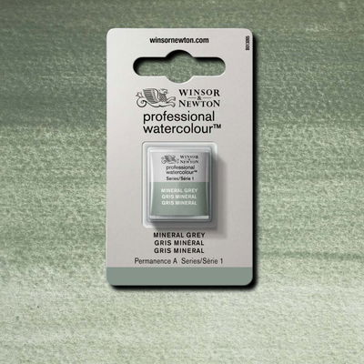 Färgprov och förpackning, Mineral Grey halvkopp Winsor & Newton Professional Water Colour Mineral Grey i halvkopp som visas mot målad bakgrund i samma färg.