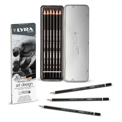 Lyra Rembrandt Art Design grafitpennor i öppen metallask med hårdheterna 2H, HB, 2B, 4B, 6B, 9B