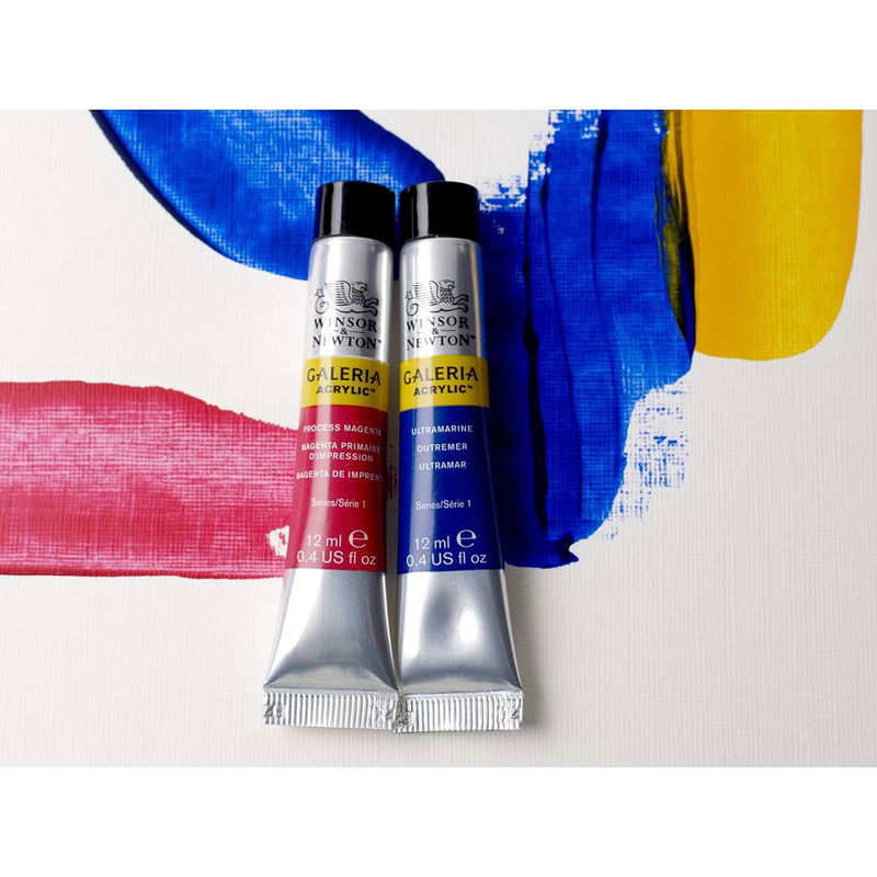 Två tuber, röd och blå, Winsor & Newton Galeria Acrylic på färgad duk