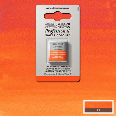 Winsor & Newton Professional Water Colour Transparent Orange i halvkopp som visas mot målad bakgrund i samma färg.