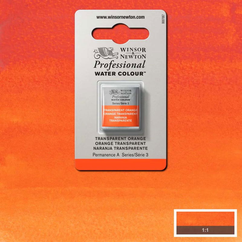 Winsor & Newton Professional Water Colour Transparent Orange i halvkopp som visas mot målad bakgrund i samma färg.