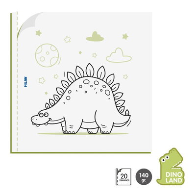 En sida ur målarboken Milan Dinosaurie med mikroperforerade blad