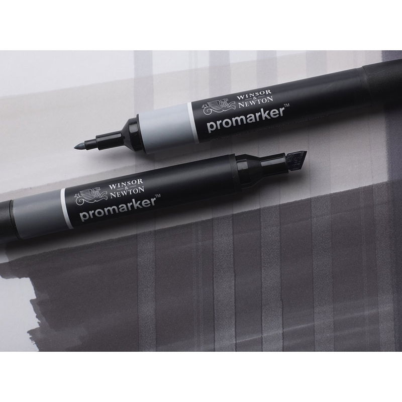 Två stycken Winsor & Newton Promarker i grått med ritad yta