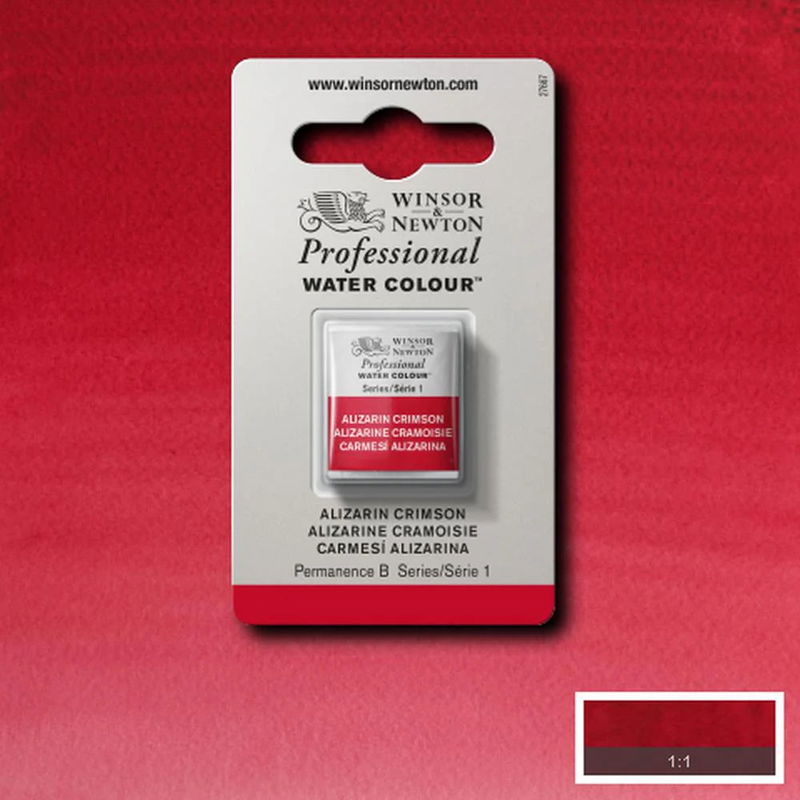 Winsor & Newton Professional Water Colour Alizarin Crimson i halvkopp som visas mot målad bakgrund i samma färg.
