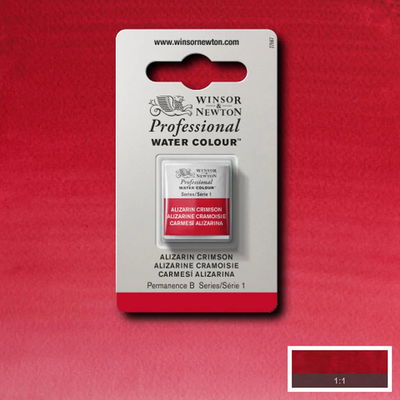 Färgprov och förpackning, Alizarin Crimson halvkopp Winsor & Newton Professional Water Colour Alizarin Crimson i halvkopp som visas mot målad bakgrund i samma färg.