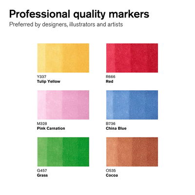 Winsor & Newton Promarker Mid Tones färgprov Tulip Yellow, Red, Pink Carnation, China Blue, Grass, Cocoa