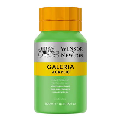 Winsor & Newton Galeria Akrylfärg, 500 ml flaska mot färgad bakgrund. Permanent Green Light