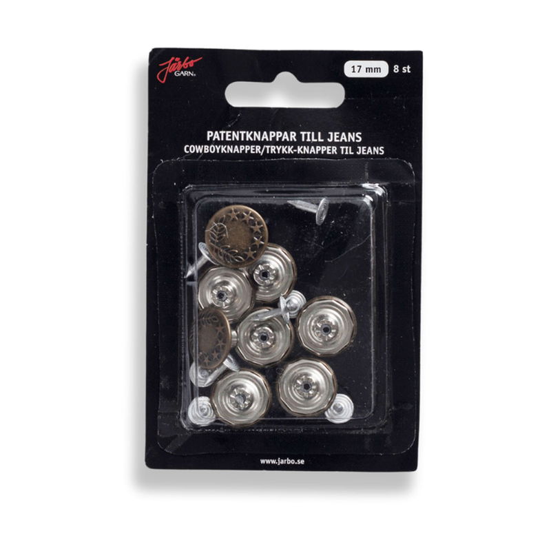 Förpackning med Järbo tryckknappar till jeans 17 mm, 8-pack