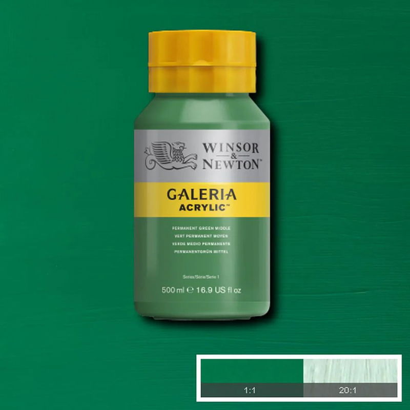 Flaska med 500 ml akrylfärg. Winsor & Newton Galeria Permanent Green Middle