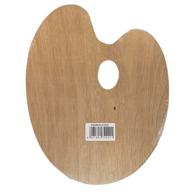 Förpackning med oval målarpalett, lackad plywood med tumhål