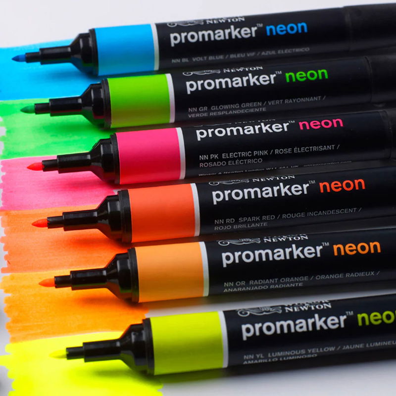 Winsor & Newton Promarker Neon markers i alla sex färger: Volt Blue, Glowing Green, Electric Pink, Spark Red, Radiant Orange och Luminous Yellow