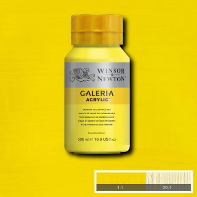 Winsor & Newton Galeria Akrylfärg, 500 ml flaska mot färgad bakgrund. Cadmium Yellow Pale Hue