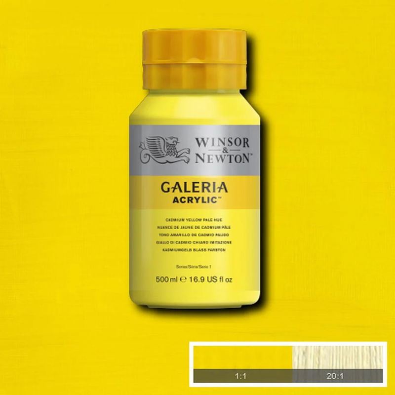 Winsor & Newton Galeria Akrylfärg, 500 ml flaska mot färgad bakgrund. Cadmium Yellow Pale Hue