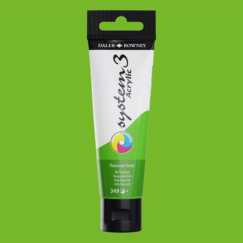 Akrylfärg i tub System3 Acrylic Fluorescent Green 349 med färgprov