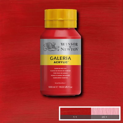 Winsor & Newton Galeria Akrylfärg, 500 ml flaska mot färgad bakgrund. Cadmium Red Hue