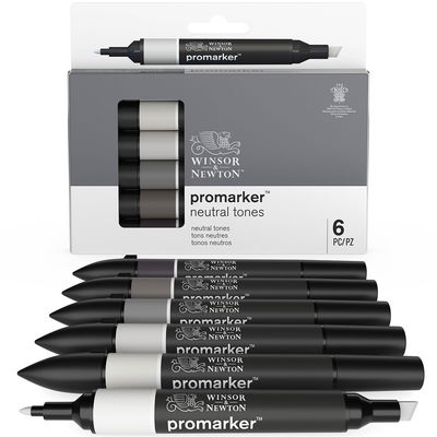 Winsor & Newton Promarker Neutral Tones 6-pack med pennor och förpackning
