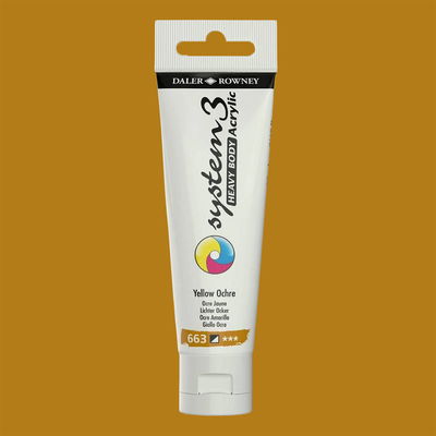 Akrylfärg i tub System3 Heavy Body Yellow Ochre 663 med färgprov